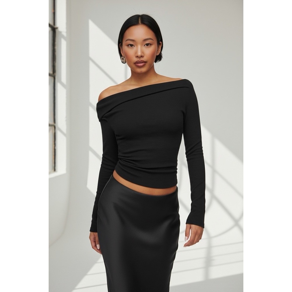 Reformation Elio One Shoulder Top Knit Organic Stretch Black Size Large NWOT